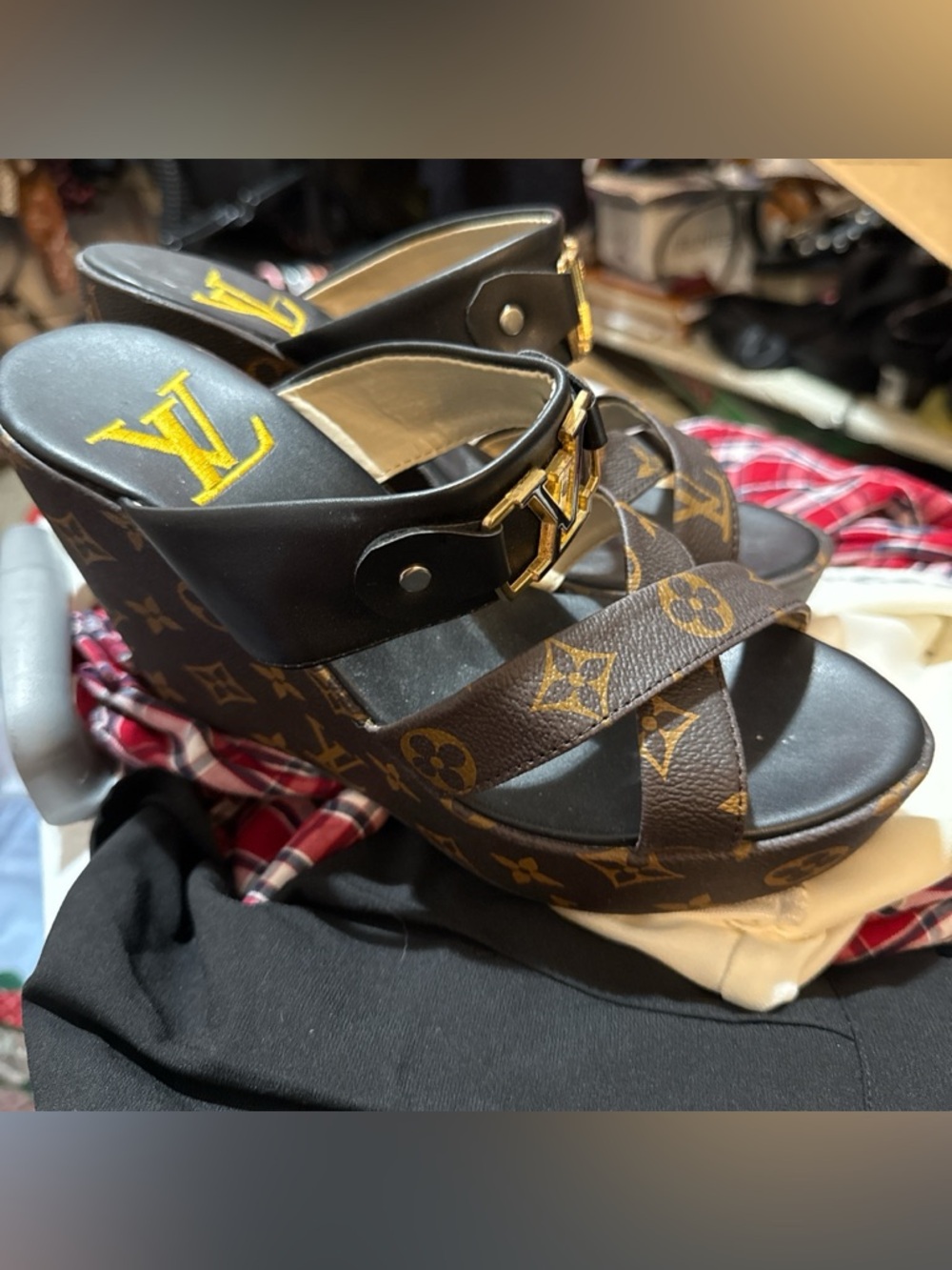 Designer-Inspired Brown Monogram Platform Sandals with Black Trim